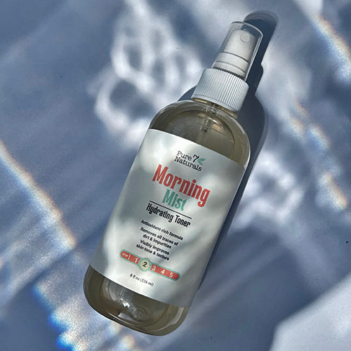 Daily skincare routine with Morning Mist Hydrating Toner and serums