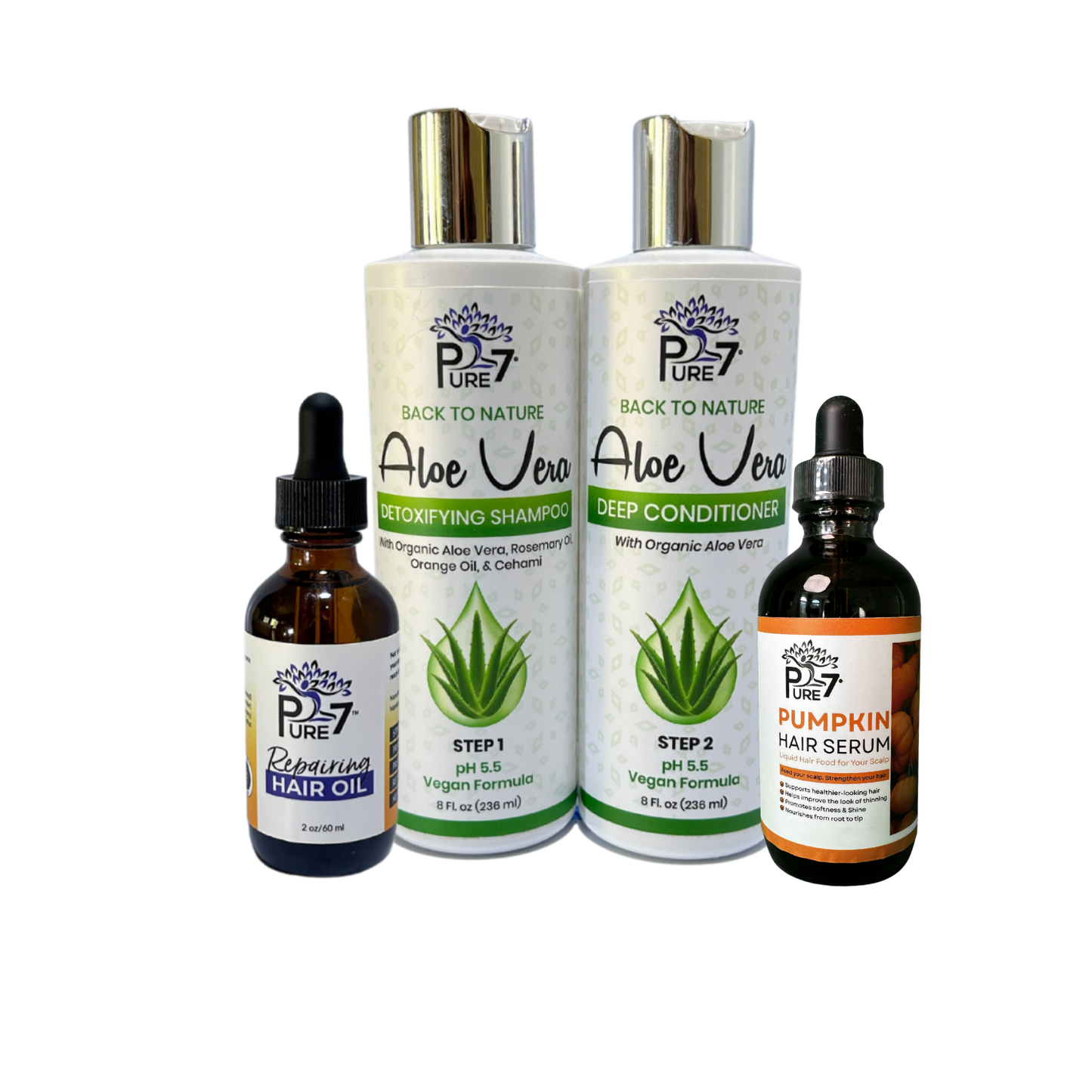 Hair Growth System – Aloe Vera Shampoo & Conditioner, Pumpkin Serum & PURE 7 Strengthening Oil for Maximum Hair Growth