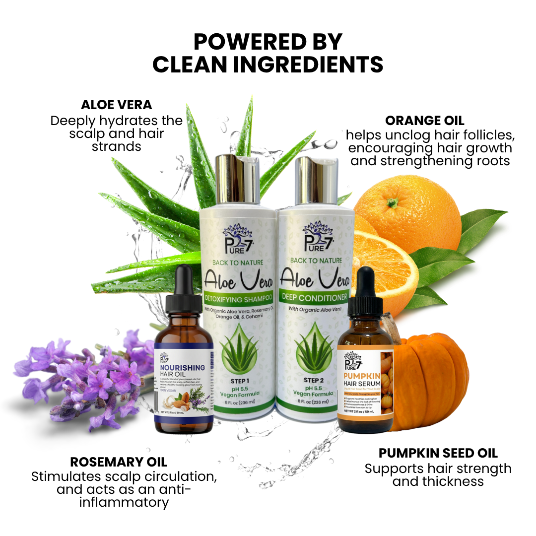 Hair Growth System – Aloe Vera Shampoo & Conditioner, Pumpkin Serum & PURE 7 Strengthening Oil for Maximum Hair Growth