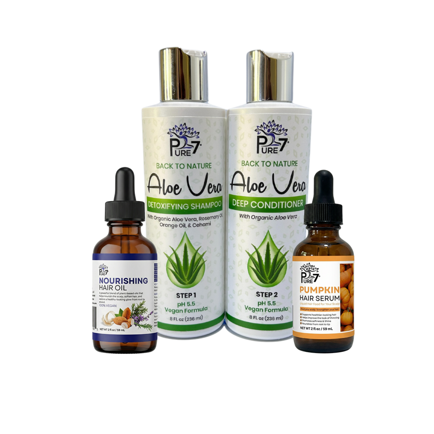 Hair Growth System – Aloe Vera Shampoo & Conditioner, Pumpkin Serum & PURE 7 Strengthening Oil for Maximum Hair Growth