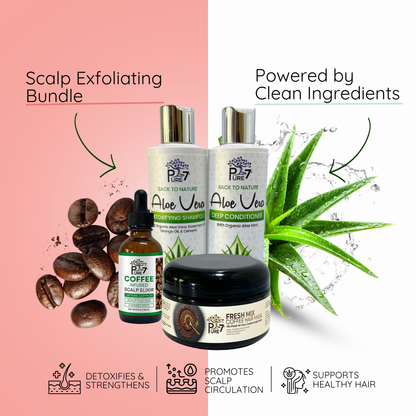 Scalp Exfoliating Bundle - Aloe Vera Shampoo, Deep Conditioner, Coffee Hair Mask & Coffee-Infused Scalp Elixir