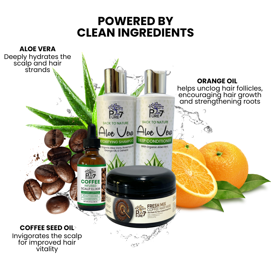 Scalp Exfoliating Bundle - Aloe Vera Shampoo, Deep Conditioner, Coffee Hair Mask & Coffee-Infused Scalp Elixir