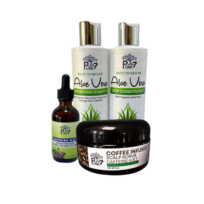 Scalp Exfoliating Bundle - Aloe Vera Shampoo, Deep Conditioner, Coffee Scalp Scrub & Caffeine HRT Elixir